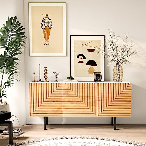 roomfitters Mid Century Modern TV Stand for TVs up to 65", Boho Sideboard Buffet Cabinet Credenza, Media Console Entertainment Center for Living Room, Poplar Wood Print Carved and Geometric Design roomfitters