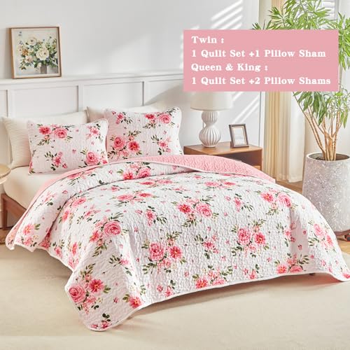UOZZI BEDDING Floral Quilt Set 2 Pieces Twin Size White Pink Flower Soft Microfiber Lightweight Summer Reversible Coverlet Bedspread for All Season -1 Quilt 88 * 88 + 1 Pillow Sham UOZZI BEDDING