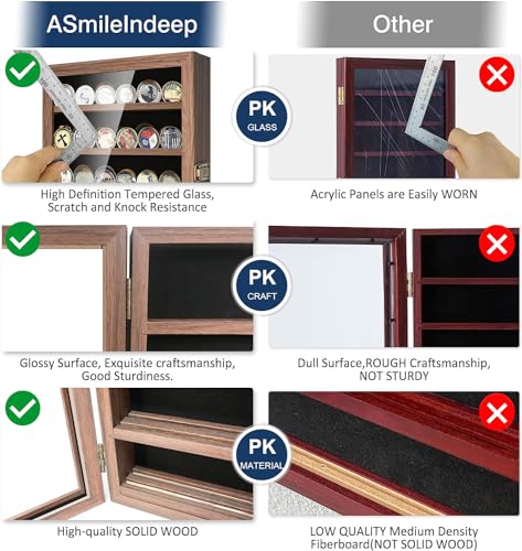 ASmileIndeep Military Challenge Coin Display Case Holder Shadow Box Solid Wood for Wall Mounted with HD Glass Door Military Coin Rack with Removable ASmileIndeep