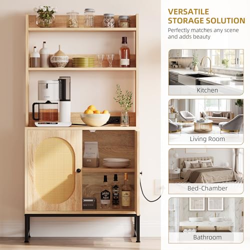 DWVO Oak Microwave Stand Bakers Rack with Power Outlet and Storage Cabinet DWVO