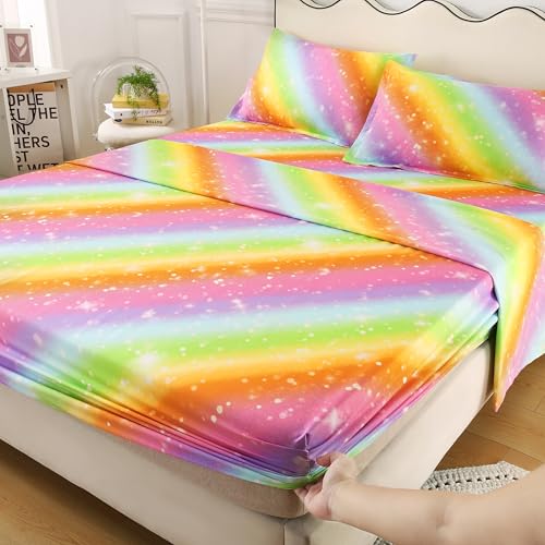 IngeCrafts Rainbow Galaxy Sheet Set Twin Size, 4-Piece Bedding with Glitter Star Ombre Design - Ultra-Soft Microfiber for Kids, Girls, Teens (Pink Color, Twin) IngeCrafts
