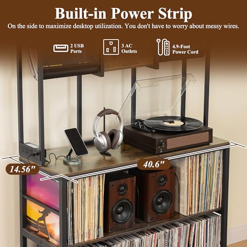Aquzee Extra Large Record Player Stand, Vinyl Record Stand Hold Up to 600 Albums, Turntable Stand with Record Display Shelf, Record Player Table for Living Room Bedroom Music Room Studio, Rustic Brown Aquzee