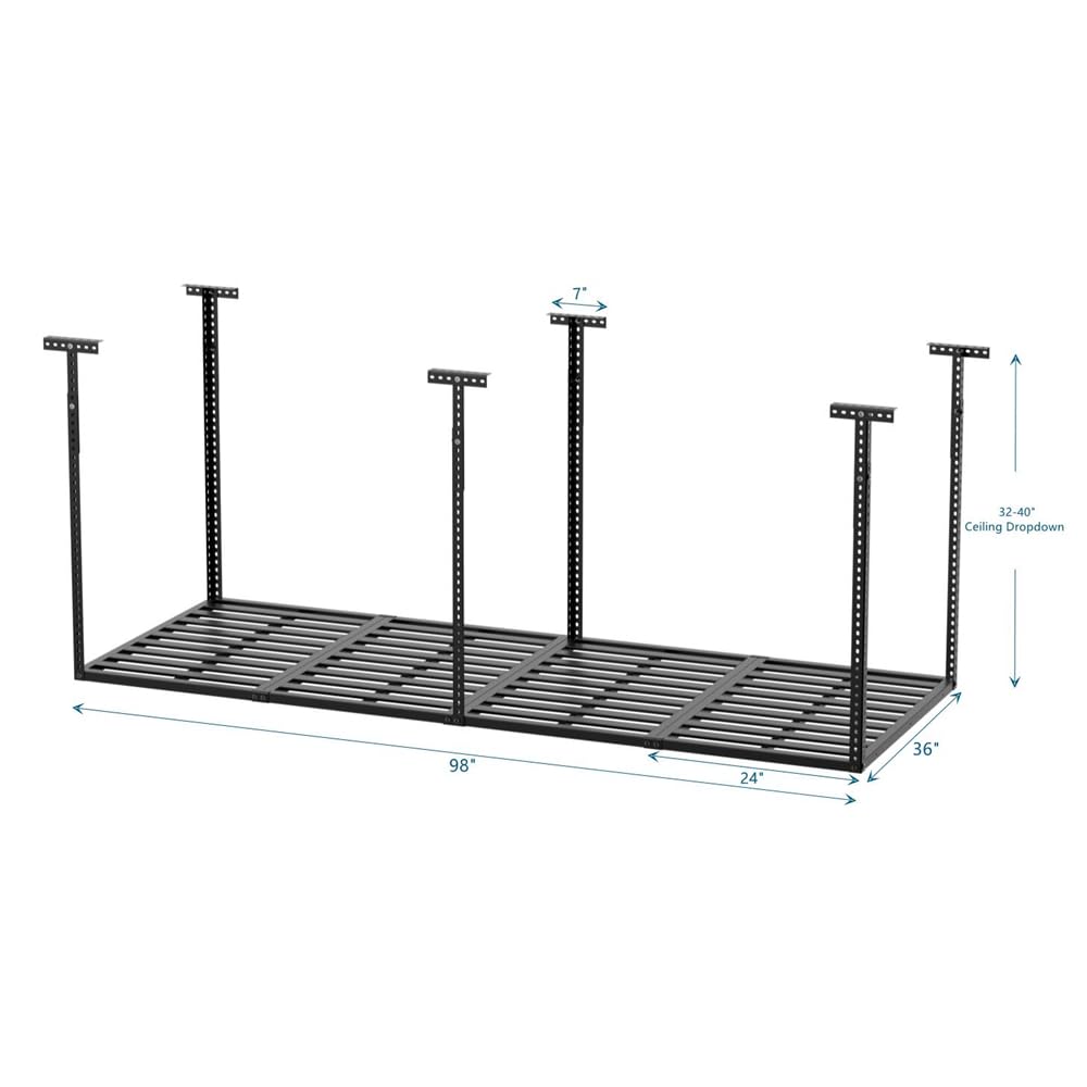 3x8ft Overhead Garage Storage Rack,Adjustable Ceiling Mounted Storage Racks,Heavy Duty Cold Rolled Steel Storage Rack,Ceiling Mount Storage Shelves,750LBS Weight Capacity,for Shop Shed Home (Black) Hikarinowa