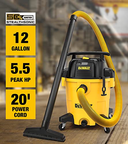 DEWALT 12 Gallon STEALTHSONIC Ultra Quiet Poly Wet Dry Vacuum, DXV12P-QTA Newest Noise Reduction Vac, 5.5 Peak HP Shop Vacuum for Jobsite/Workshop, Reduce Motor Noise, Yellow DEWALT