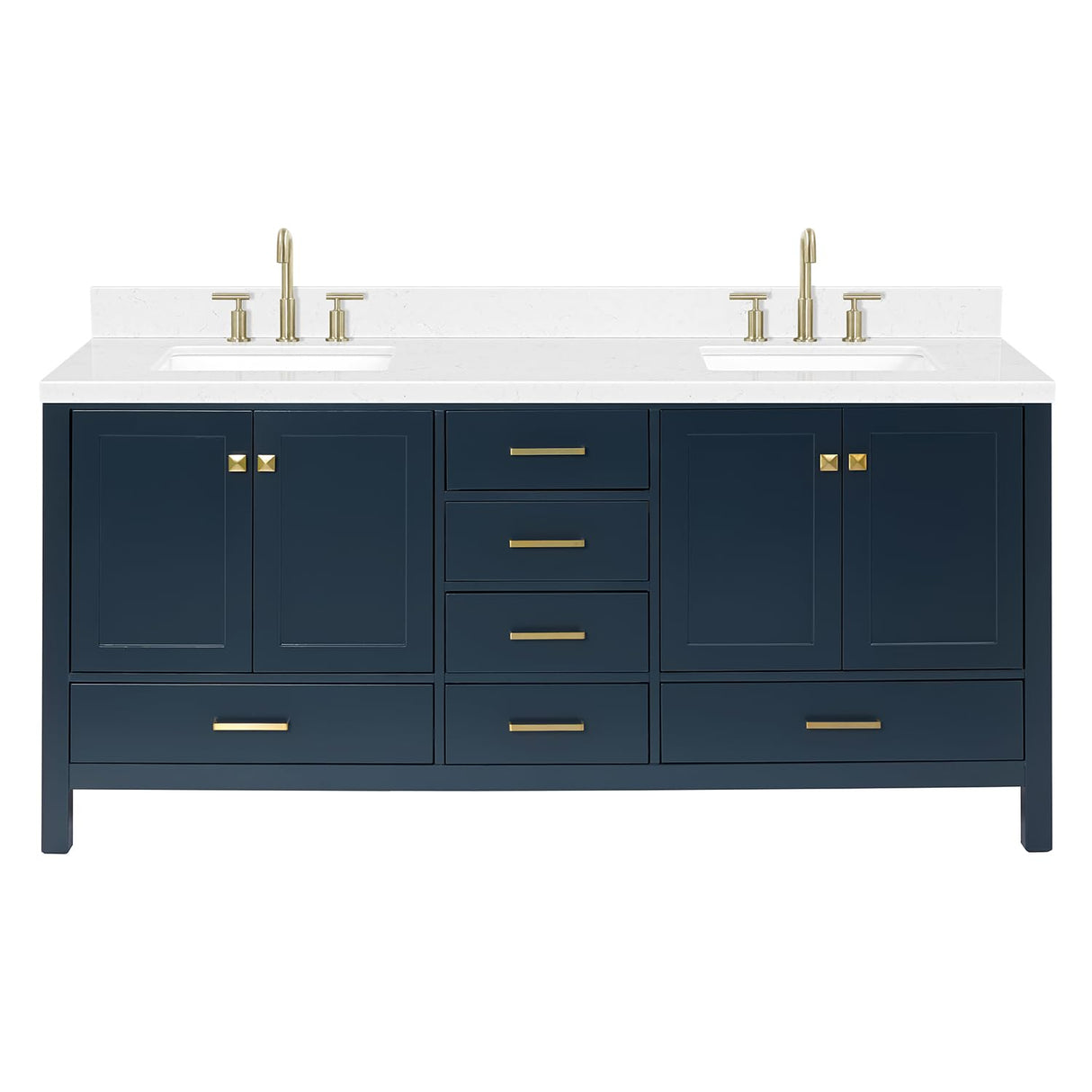 ARIEL Cambridge 72" Midnight Blue Double Vanity, 1.5" Edge Carrara White Quartz Countertop & Splash, Rectangular Sinks, 4 Soft Closing Doors, 6 Full Extension Dovetail Drawers, Satin Brass ARIEL