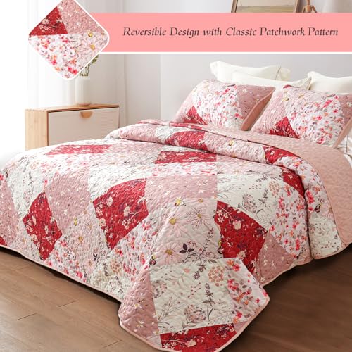 Whale Flotilla Patchwork Quilt Twin Size, Extra Soft Boho Floral Bedspreads for Bed Reversible Lightweight Twin Quilt Bedding Set Printed Coverlets with 1 Pillow Sham for All Seasons, Red Whale Flotilla