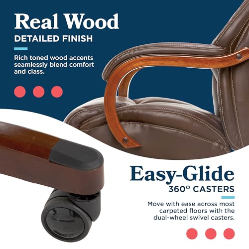 La-Z-Boy Delano Big & Tall Executive Office Chair, Ergonomic Mid-Back Body Pillow Lumbar Support, ComfortCore Memory Foam Cushion, Mahogany Wood Arms & Swivel Base, Bonded Leather, Chestnut Brown La-Z-Boy