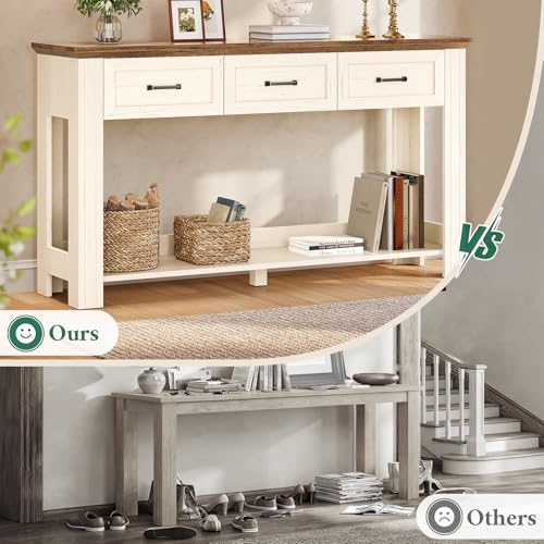 ANGRYWIN 55" Farmhouse Console Table with 3 Drawers, Rustic Entryway Table with Open Shelf, Sofa Tables Behind Couch for Entrance, Living Room, Hallway, White ANGRYWIN