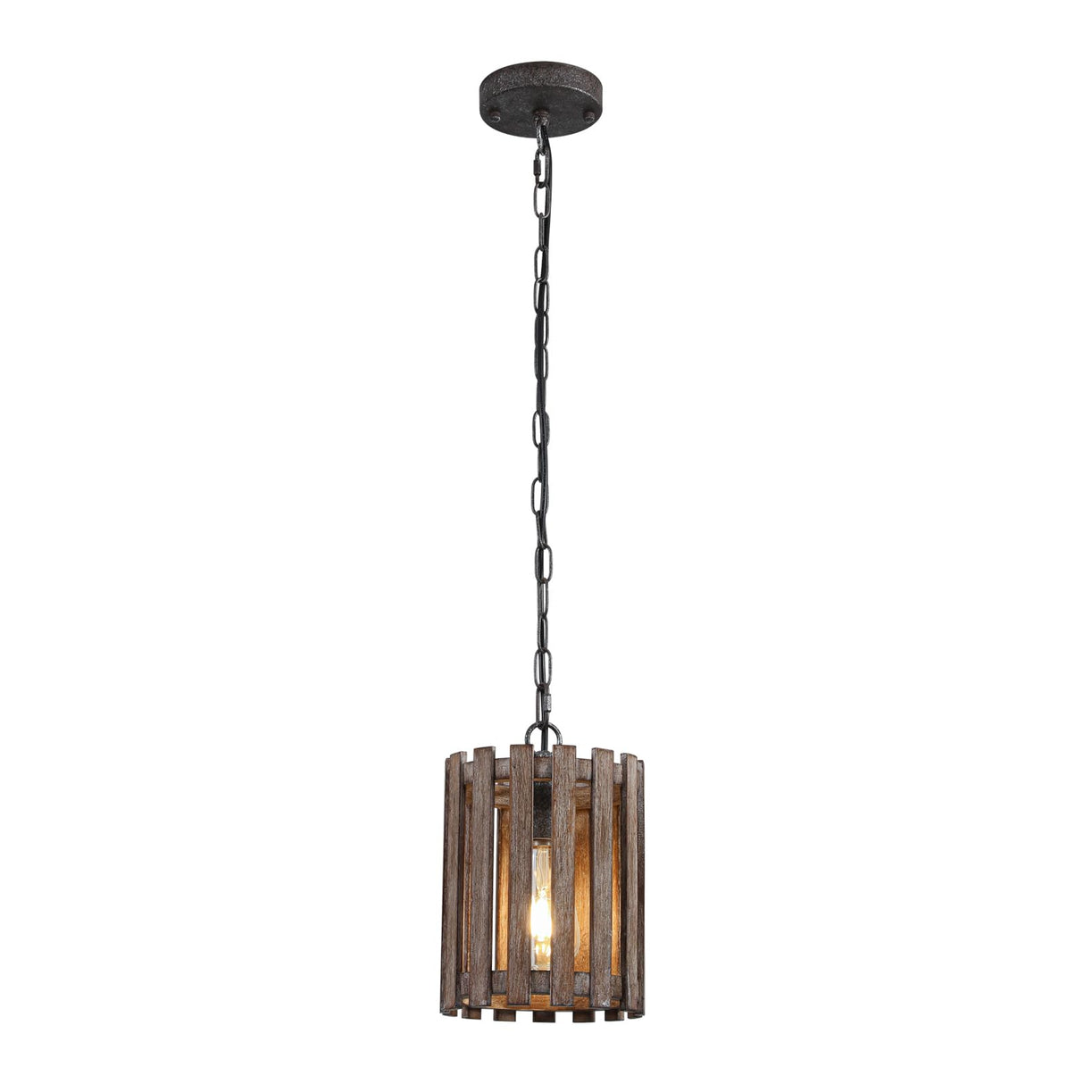 Farmhouse Rustic Pendant Light, 1-Light Round Cage Pendant Lighting Fixture with Adjustable Chain for Kitchen Island Hallway Dining Room Bar, Solid Wood wochos