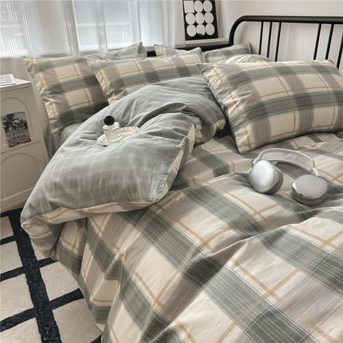 HighBuy Buffalo Plaid Comforter Set Full Size Green Khaki Grid Bedding Comforter Full Boho Gingham Checkered Bedding Set 3 Piece Lightweight Fluffy Comforter with 2 Pillowcases for Boys Men HighBuy