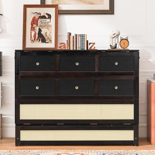 Merax Farmhouse Wood Murphy Bed Chest, Foldable Wall Platform Bed with Storage Drawer/Space Saving/Wood Slat Support/Full, Espresso +Natural