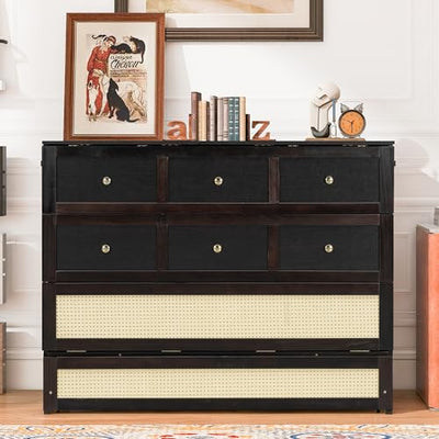 Merax Farmhouse Wood Murphy Bed Chest, Foldable Wall Platform Bed with Storage Drawer/Space Saving/Wood Slat Support/Full, Espresso +Natural