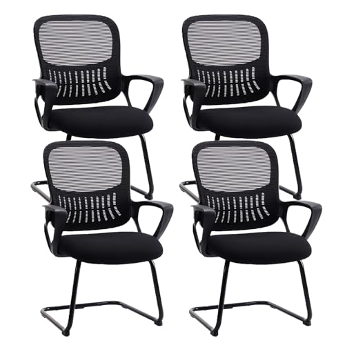 Sweetcrispy Reception Chair No Wheels, Stationary Non Rolling Mesh Mid Back Computer Guest Side with Lumbar Support for Waiting Area Reception Conference Room, Set of 4, Modern Black Sweetcrispy