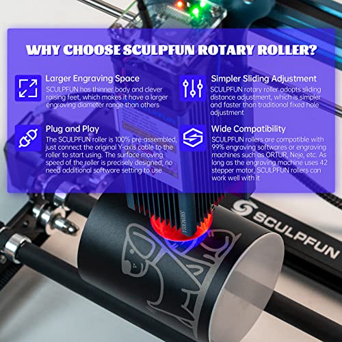 SCULPFUN Laser Rotary Roller, Rotation Auxiliary Kit for Laser Engraver, 360° Auto Rotating Roller for Engraving Cylindrical Objects, Shape Like Bottle Can Pen Cups Lipstick, with 4 Raise Feet SCULPFUN