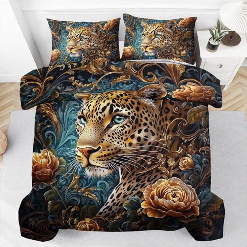Raphus cucullatus Gold Cheetah Comforter Set King,Tropical African Animal 3D Leopard Bedding Black Bed,Gold Rose Quilt Bedding Cheetah,Leopard King Size Quilt Set Raphus cucullatus