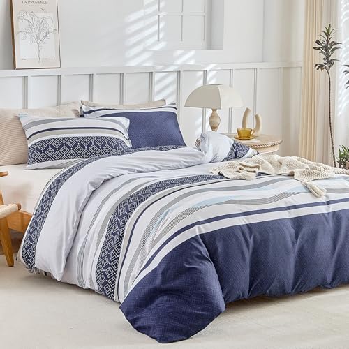 Lekesky Duvet Cover Full, 3 Pieces Blue Striped Duvet Cover Set Soft Bedding Aztec Comforter Cover Full Size with Hidden Zipper Corner Ties Lekesky