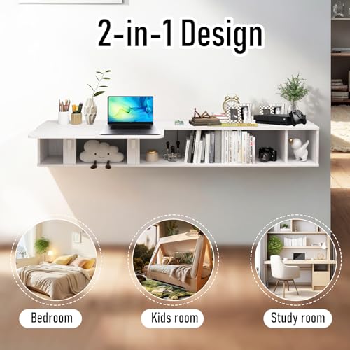Pmnianhua 70'' Floating Desk with Storage Shelves,Wall Mounted Desk Laptop Computer Writing Study Table for Bedroom Small Space(White) Pmnianhua