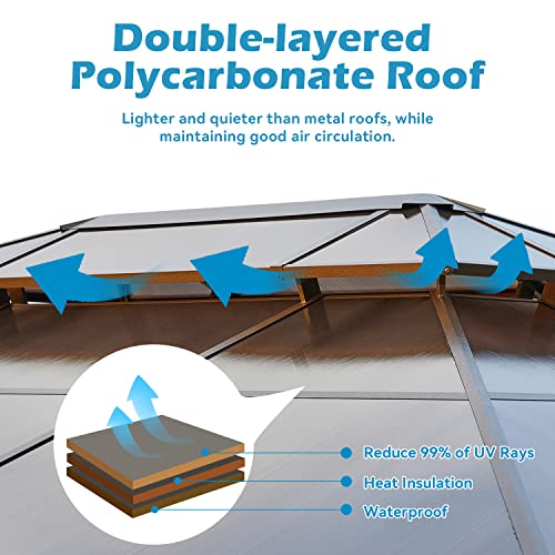 GAZEBEST 10' X 13' Permanent Hardtop Gazebo, Outdoor Polycarbonate Double Roof Pavilion Pergola Canopy with Aluminum Frame and Privacy Curtains for Patio, Garden, Backyard, Lawn GAZEBEST
