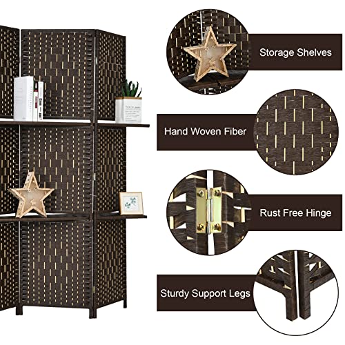 Giantex 6Ft 6 Panel Room Divider with Shelves, Freestanding Hand-Woven Rattan Folding Privacy Screens for Room Separation, Wooden Partition Room Divider Wall for Home Office Studio Separator Giantex