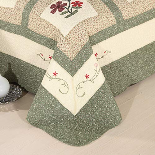 vctops Farmhouse Green 2 Piece Embroidered Floral Quilted Bedspread Quilt Set 100% Cotton Reversible Patchwork Coverlet Set 1 Quilt and 1 Pillow Sham (Green,Twin) vctops