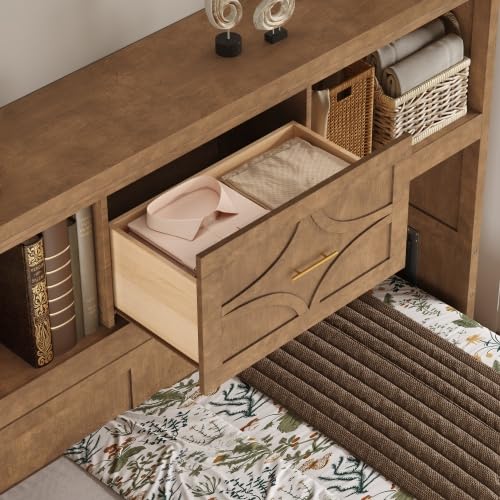Harper & Bright Designs Twin Size Murphy Bed with Storage Drawer, Open Cabinets and Charging Station, Wood Color Harper & Bright Designs