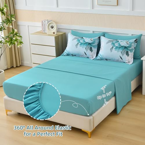 Dobuyly Floral Comforter Set Queen Size 7 Piece Bed in a Bag, Aqua Flowers Printed on Light Blue Comforter Set with Sheets, Soft Polyester Botanical Complete Bedding Set for All Season Dobuyly