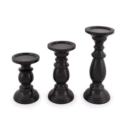 SAMHITA Set of 3 Farmhouse Mango Wood Candle Holders, in Black Finish for Table Centerpiece Candle for Any Room Decor