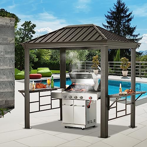 ABCCANOPY Grill Hardtop Gazebo 6x8 - Outdoor Metal Hard Top Gazebo, Permanent Galvanized Steel BBQ Gazebo Aluminum Framed Pavilion with Shelves for Patio Backyard Lawn Garden (Single Roof, Dark Brown) ABCCANOPY