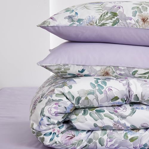 La Sheer Floral Duvet Cover Set Garden Style Twin 2 Pieces Bedding Set, Ultra Soft Green Leaves Botanical Flowers Pattern Lavender Reversible Farmhouse 1 Comforter Cover + 1 Pillowsham(No Comforter) La Sheer