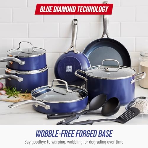 Blue Diamond 14 Piece Cookware Set, Diamond Infused PFAS & PFOA-Free Ceramic Nonstick Pots and Pans, Durable Nontoxic Metal Utensil Safe & Scratch Resistant, Dishwasher & Oven Safe, Blue Blue Diamond