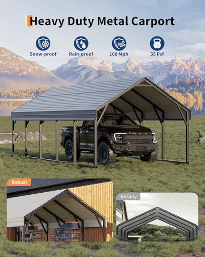GarveeLife Oversized Metal Carport 12x25 ft, Reinforced Frame and Steel Roof for All-Weather Use, Permanent Shelter for Bass Boats, Full-Sized Pickup Trucks, and Tractors GarveeLife