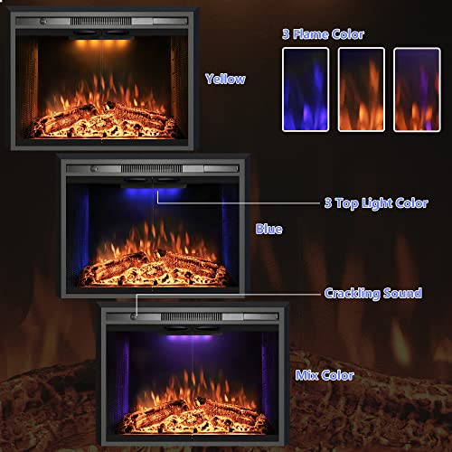 Velaychimney Electric Fireplace Insert, 36 Inches Recessed Fireplace Heater with Adjustable Flame and Top Light Colors, Fire Crackling Sound, Remote Control, Timer, 750W/1500W, Black Velaychimney
