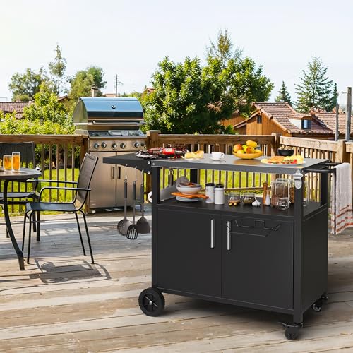 Shintenchi Outdoor Grill Cart Table with Stainless Steel Top for Kitchen Prep and BBQ, Outdoor Kitchen Island Table with Side Handle, Multifunctional Outdoor Grill Table, Black Shintenchi