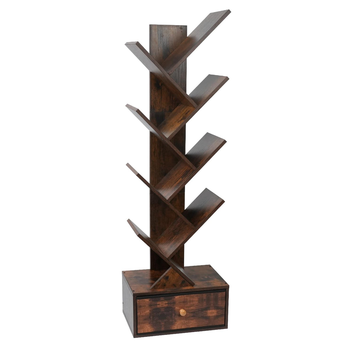 Yzosvki 8-Tier Rustic Brown Tree Bookshelf with Drawer for Stylish Storage Yzosvki