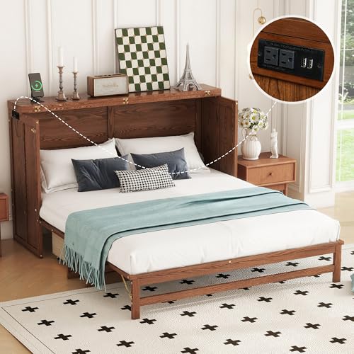 Ball & Cast Murphy Bed Queen W/Storage Drawer,Cabinet Bed W/ 2 2 USB Port & Power Outlets,Wall Bed Frame for Home Office,Apartment,Guest Room,Walnut Ball & Cast