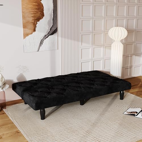 ODOLAR 66" Black Velvet Futon Sofa Bed, Sturdy Wood Frame & High-Elastic Foam, 3 Adjustable Gears, Multi-Functional for Living Room/Apartment/Bedroom, Easy Assembly (Black) ODOLAR