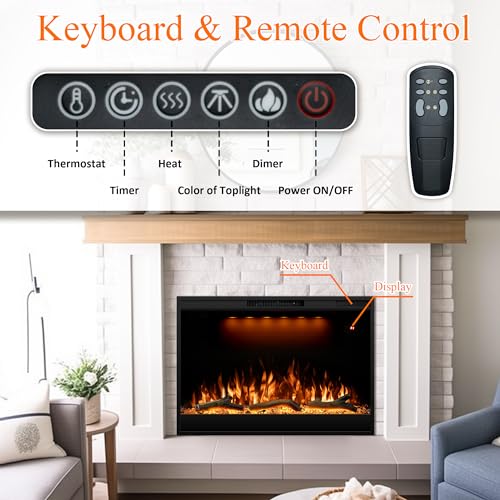 Dreamflame Electric Fireplace Inserts 36inches Wide, Recessed in Wall Fireplace Heater w/Remote Control, 3 Colors Led Top Light& Realistic Flame w/ 5 Brightness, Thermostat, 750W/1500W, Black Dreamflame