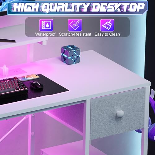 X-cosrack 33.5" Small Gaming Desk with LED Lights & Power Outlets, Compact Computer Desk with Monitor Stand & CPU Stand, Gamer Table with Storage Drawer, Side Hooks for Home Office, Bedroom, White X-cosrack