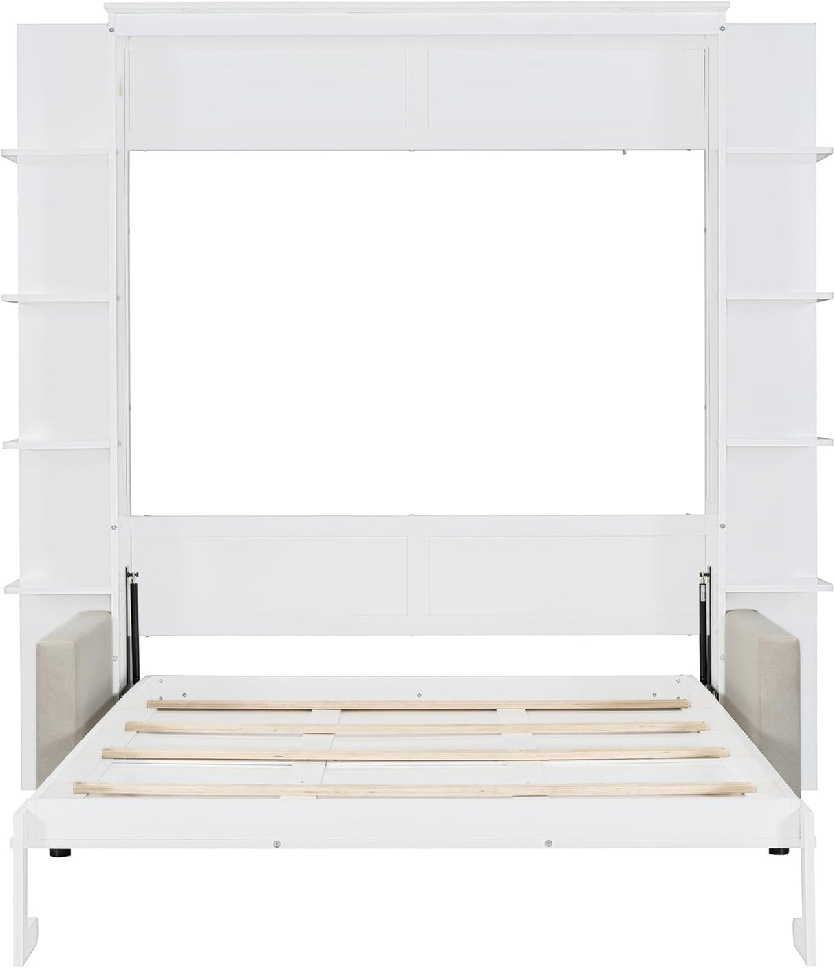 Virubi Queen Murphy Bed with Couch and Storage Shelves,Wood Murphy Bed Cabinet with Storage Shelves and Sofa,Folding Murphy Wall Bed Queen Size (White) Virubi