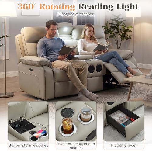 RIHEREFY Power Reclining Loveseat with LED Reading Light, Breathable Leather Loveseat Recliner Sofa RV Wall Hugger Double Recliners with Bluetooth Speaker/Drawer/USB/Type C (Gray, 2 Seater)
