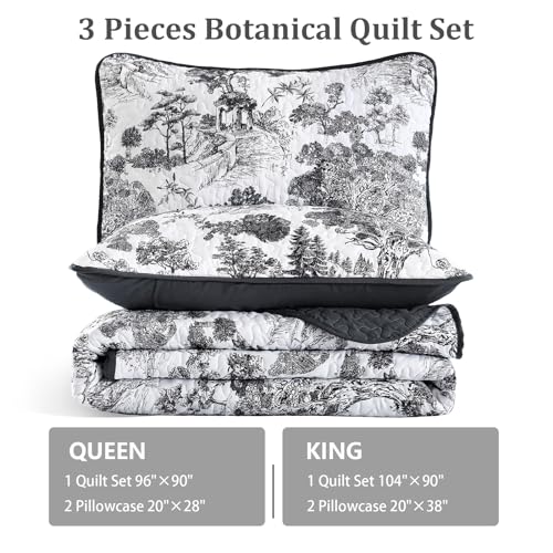 WONGS BEDDING Botanical Quilt Set King Size, Black 3 Pieces Toile Floral Plants Printed Bedspread Bedding Set Soft Lightweight Microfiber Coverlet Set for All Season (104"x90") WONGS BEDDING