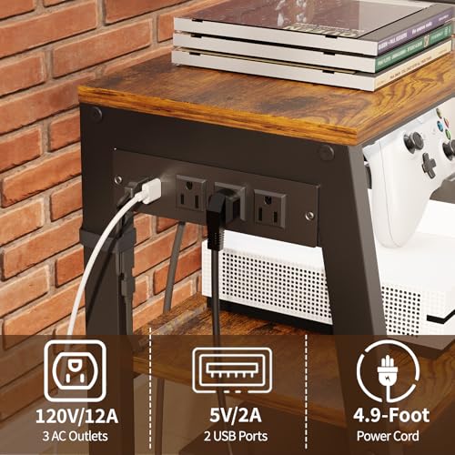 4-Tier AV Media Stand with Power Strips, Heavy Duty Stereo Cabinet Stand with LED Lights, Wooden Record Player Stand with 2 Hooks, Audio Stand Furniture Perfect for DVD Player/Game Console/TV Box/Xbox X-cosrack
