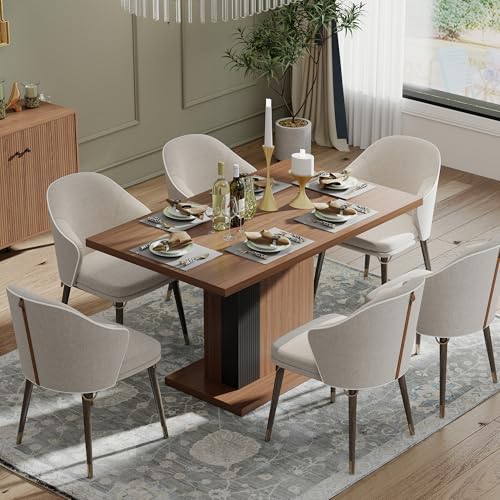 Manora 55" Modern Farmhouse Dining Table for 6 People, Rectangular Kitchen & Dining Room Wood Table with Pedestal Base, Walnut Finish Manora