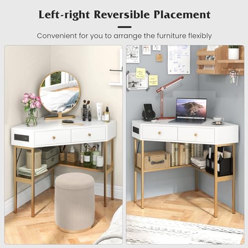 Tangkula Corner Desk with 2 Drawers & Built-in Charging Station, 90 Degrees Triangle Corner Computer Desk for Small Space, Bedroom Makeup Vanity Desk with Storage Shelves, Corner Desk (Gold & White) Tangkula