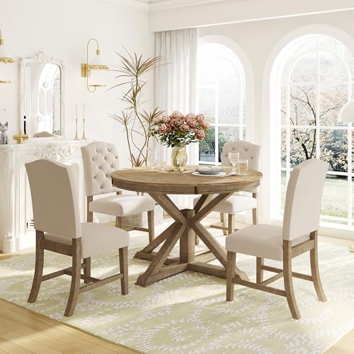 Bellemave Extendable Dining Table Set for 4, 5-Piece Round Table Set with 4 Chairs, Circle Table with Upholstered Chairs, Oval Kitchen Table Set with Extendable Table (Natural Wood Wash) Bellemave