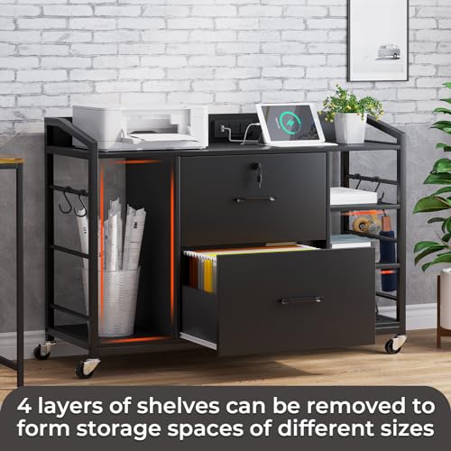 SEDETA 44" File Cabinet, Filing Cabinet fits Legal/Letter Size, 2 Drawer File Cabinets for Home Office with Lock, Power Strip, 6 Storage Shelves, Rustic Brown SEDETA