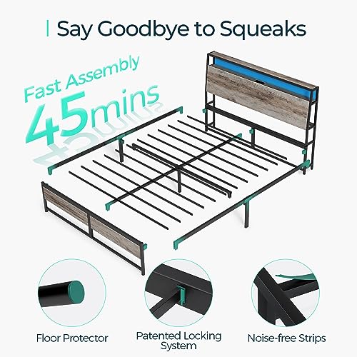 LINSY Full Bed Frame with Storage, Ergonomic Headboard, 14 inch Fast Assembly Metal Bed with Lights, Outlets & USB, Full Size, Noise Free, No Box Spring Needed, Greige LINSY