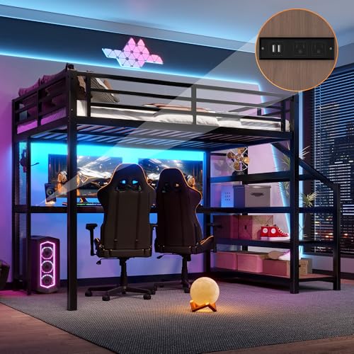 Bellemave Full Loft Bed with Desk & Storage Stairs, Metal Full Size Loft Bed Frame with Iron Nets, LED Lights & USB Ports, Heavy Duty Adult LoftBed for Bedroom, Noise-Free, Black Bellemave