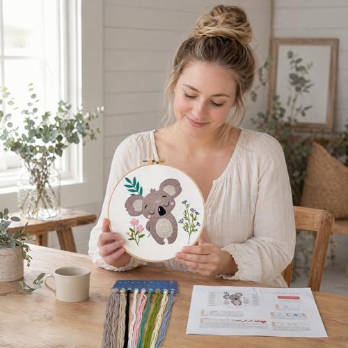QIZUOLIFE 2Pcs Animal Embroidery Starter Kit for Adults, Koala & Puppies Pre‑Printed Embroidery Hoops Set, DIY Needlework Supplies with Step‑by‑Step Video Tutorials, Craft Gift for Beginners