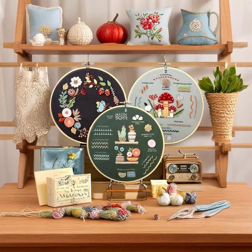 TIANLIN 4 Pack Embroidery Kit for Beginners,Adults DIY Starter Kit,Cross Stitching Kits with Flower Stamped Patterns,Hoop,Tools,Colorful Threads with Needles,Hand Craft Lover Gift